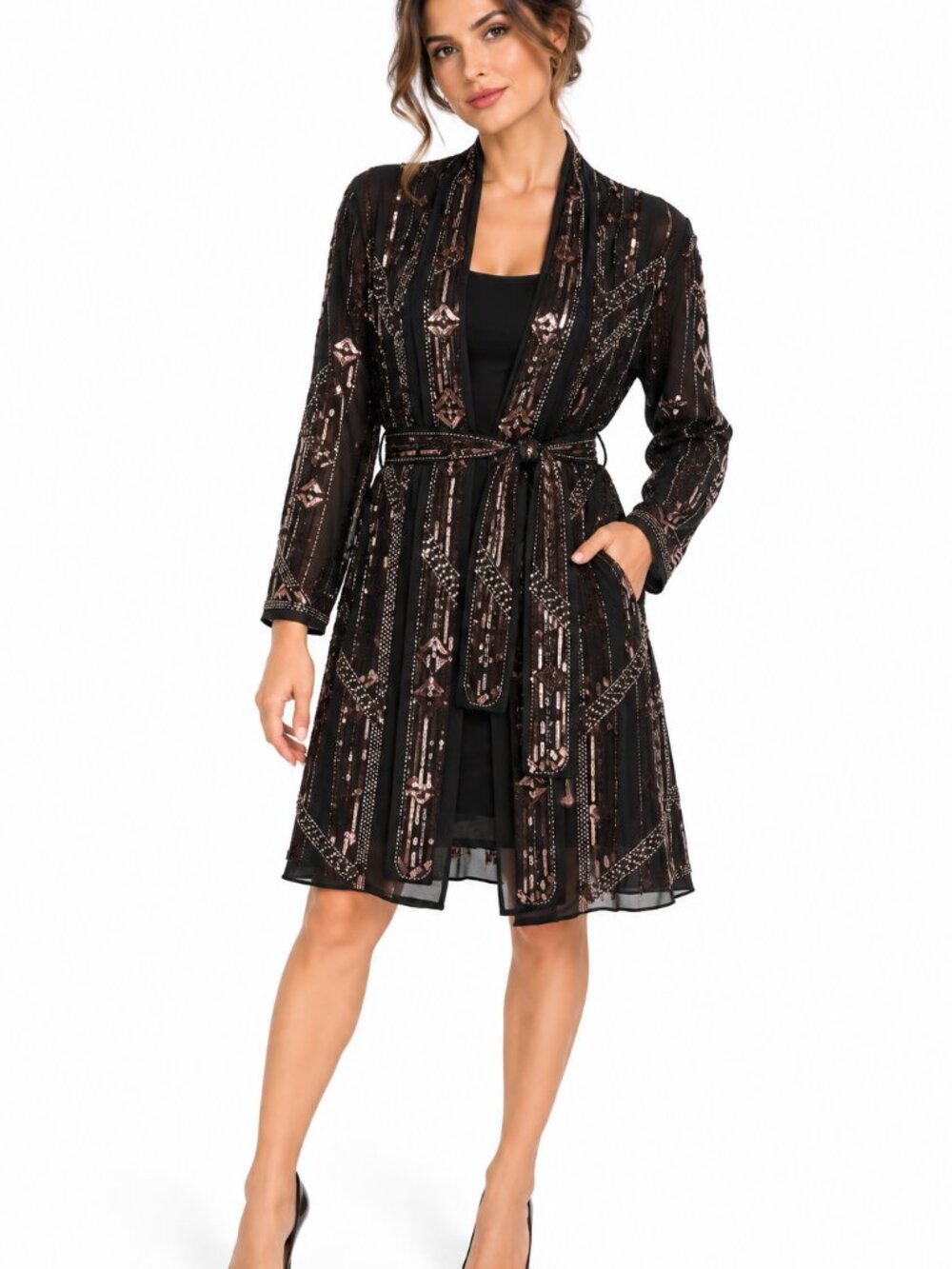 Knot Sisters Black Sequin Beaded Sheer Kimono Jacket XS/S